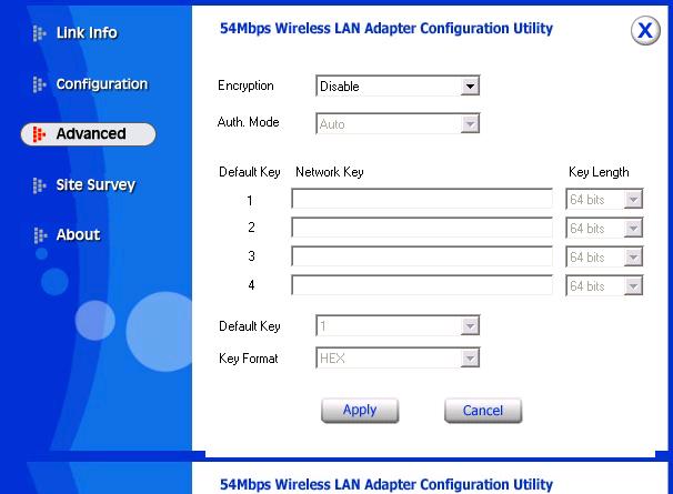 Security Page This is the page where you configure Security settings of your LevelOne WMC-0300 54Mbps wireless PCI Adapter. Encryption: Select Enable or Disable data encryption feature. Aut.