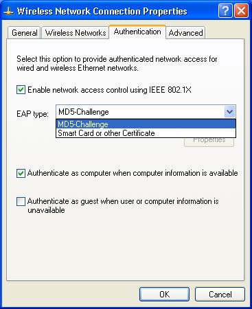 30. Click OK to close the Wireless Network Properties window, thus make the changes effective. 31. Select Authentication tab. 32. Select Enable network access control using IEEE 802.