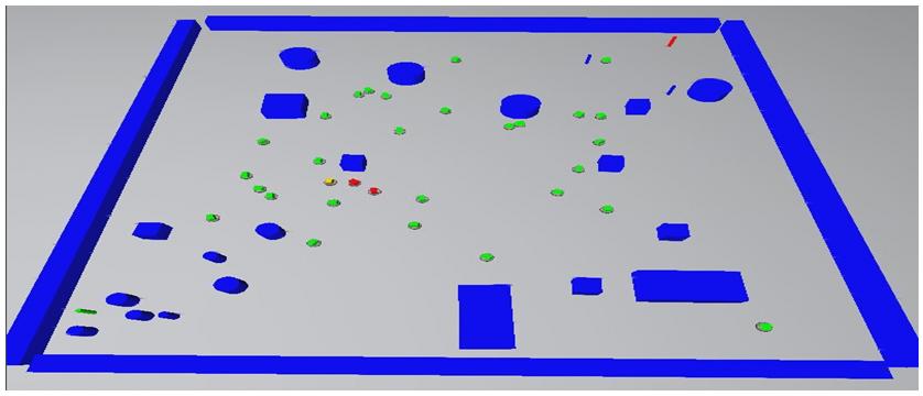 Fig. 7. Experiment II in simulation. A robot (shown in yellow) can navigate an environment full of dynamic obstacles (shown in green and red) and static obstacles (large blue obstacles).