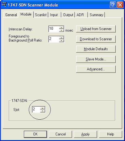 Verify the 1747-SDN-module slot number is correct for the system. 6. Select the Scanlist tab.