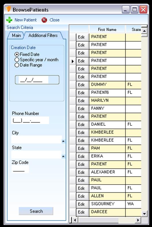 SEARCHING EXISTING PATIENTS Additional Search Criteria: Creation date - Enter the exact date, specific year and month, or a date range. Phone Number Enter the entire patient phone number.