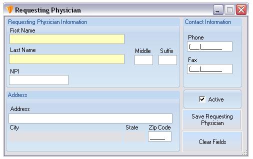 MANAGING REQUESTING PHYSICIANS Requesting Physician To add a new requesting physician, click New Requesting Physician, located on the tool bar in the Requesting Physician Maintenance Screen.