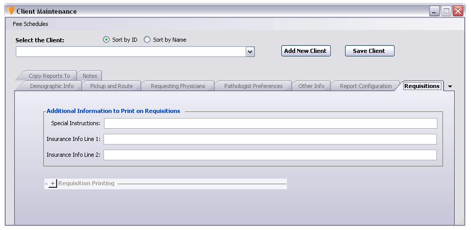CREATING & EDITING CLIENTS Requisitions Tab This tab allows the user to enter