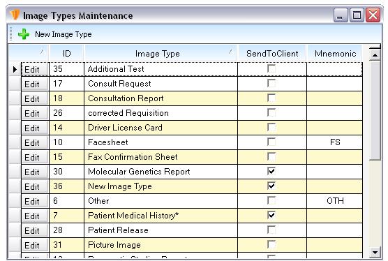 MANAGING IMAGE TYPES 21. By Selecting the Image Type Button within the Maintenance Module, the Image Types Maintenance window, as seen below, will appear.