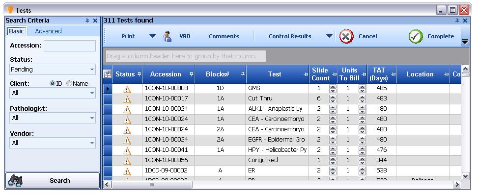 MANAGING LAB TESTS B) Recording Control Results For Selected Tests: 1. Select the Test that is to be have the results recorded by highlighting the row of the test 2.