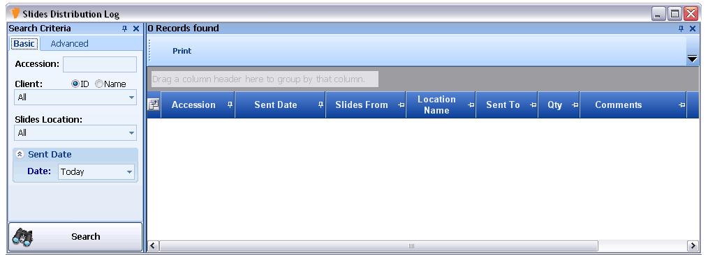 SLIDE LOG MANAGEMENT 12. By Selecting the Slide Log Button within the Utilities Module, the Slides Distribution Log window, as seen below, will appear.