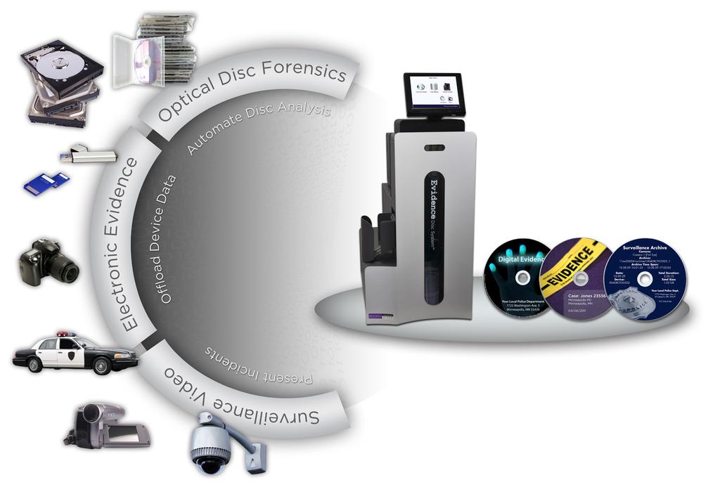 The solution is equipped with a built-in thermal retransfer printer, allowing evidence and case information to be printed directly to the disc with the same permanent technology used to print credit