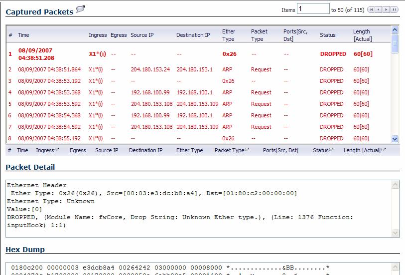 The SonicOS user interface provides three windows to display different views of the captured packets: Captured Packets Packet Detail Hex Dump Display Filter - interfaces, packet types, source/