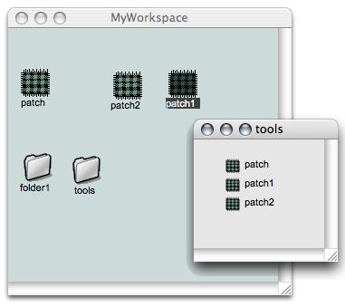 shows an OM workspace. Each icon represents a patch or a folder containing patches or sub-folders. From the workspace, patches can be open and edited as shown in the previous sections.