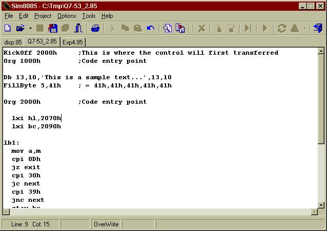 Programmi töötlemine simulaatoris Redaktori funktsioonid Redaktoris töödeldavad assemblerikoodi programmifailid peavad olema varustatud faililaiendiga.a85.
