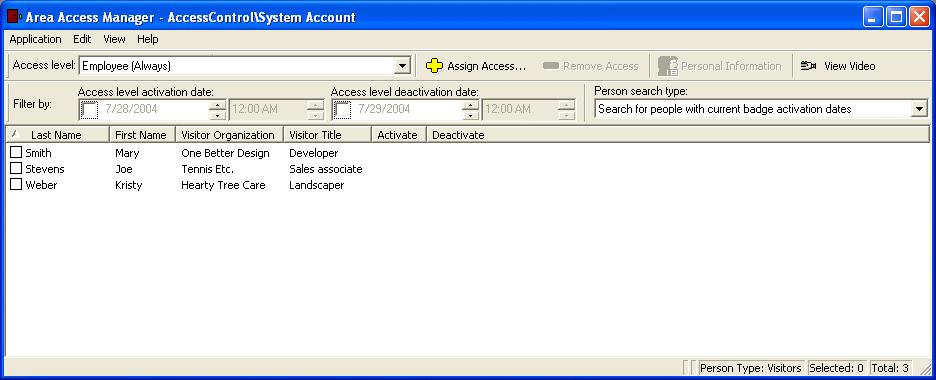 Area Access Manager User Guide Chapter 2: Main Window You can use the Area Access Manager main window to do the following: Display cardholders or visitors assigned to a selected access level Display