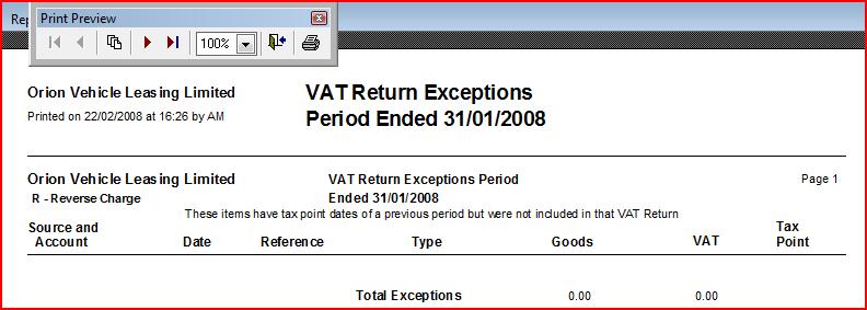 report for the latest quarter, without ticking the Commit box. You ll then get an exceptions report, followed by the VAT Return.