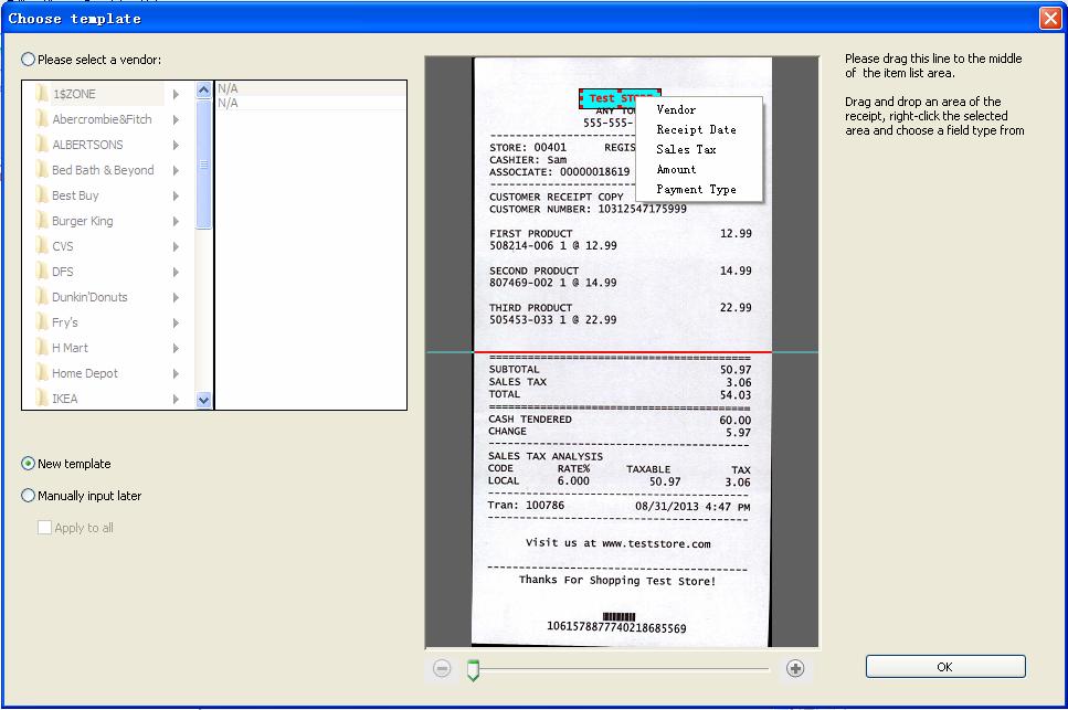 1. Click New template the receipt image will be displayed with a red bar. Click and drag the red bar to separate the top and bottom areas of the receipt.