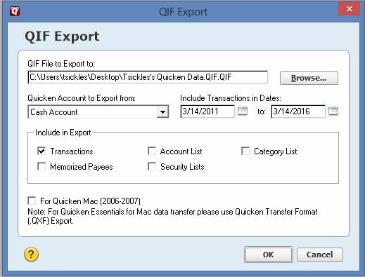 NOTE: Quicken supports importing BR-Receipt data into a cash, business or investment based account. Before starting, open Quicken and specify the correct account and select File Export QIF file.