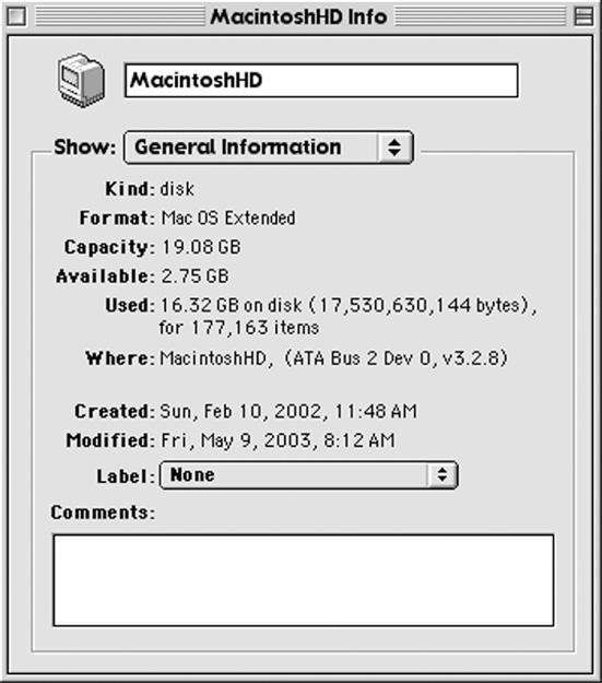 3. In OS X: Go to the File menu and select Get Info (OS X 10.2) or Show Info (OS X 10.1). In OS 9: Go to the File menu and select Get Info, then Information. 4. The Info window will open.