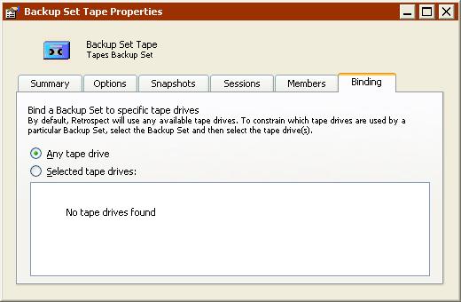 You can specify and modify the binding of a tape Backup Set through the Backup Set properties window. Go to Configure> Backup Sets, select a tape Backup Set, and click Properties.