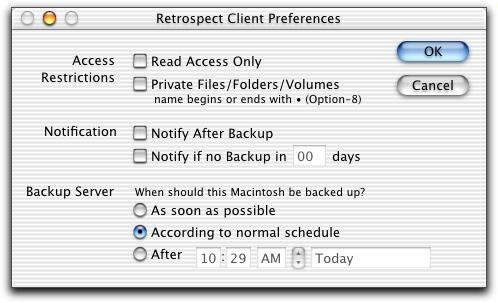 The Windows Retrospect Client control panel s preferences. The Mac OS X client application. (The Mac OS 7/8/9 client control panel is similar.