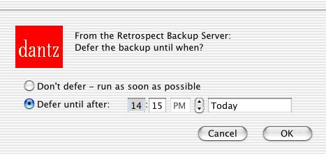 Clicking Backup executes the backup immediately. Clicking Defer lets the user set a later time for the backup to operate.