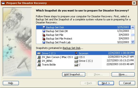 Retrospect s Disaster Recovery preparation wizard. 2. Selecting the Snapshot The wizard asks you to select a Backup Set and Snapshot.