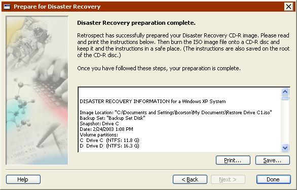 The scrollable region specifies the location of the ISO file and summarizes your Disaster Recovery instructions. Click the Save button to specify a location to save them as a text file.