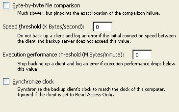 Byte-by-byte file comparison: This option overrides Retrospect s fast client compare, verifying files the same way Retrospect does for local backups.