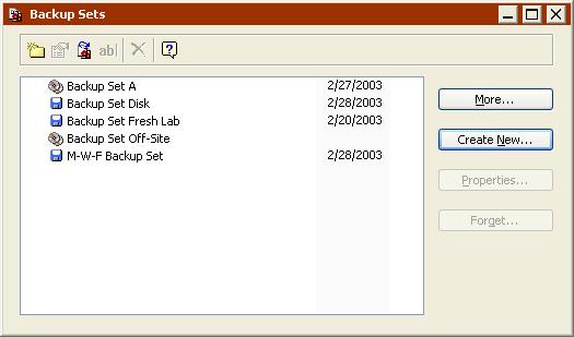 You can modify the list by: Creating New Backup Sets Recreating Old Backup Sets Forgetting Backup Sets Creating New Backup Sets To create a new Backup Set, click Create New.