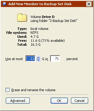 The window that appears summarizes information about the disk you are adding and lets you specify how much of the storage space to dedicate to the Backup Set. 6.