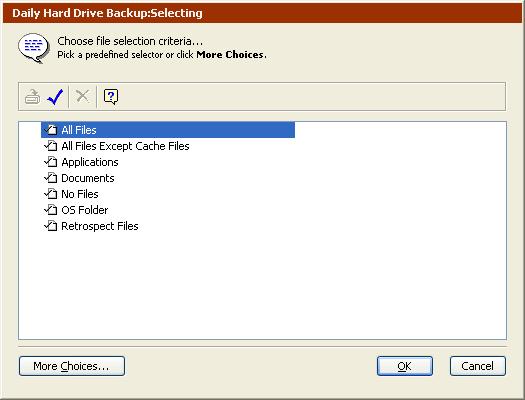 Selecting Files to Back Up By default, Retrospect selects all files on the source(s). You can choose a different pre-defined selector or create a custom selector to select a subset of all files. 1.