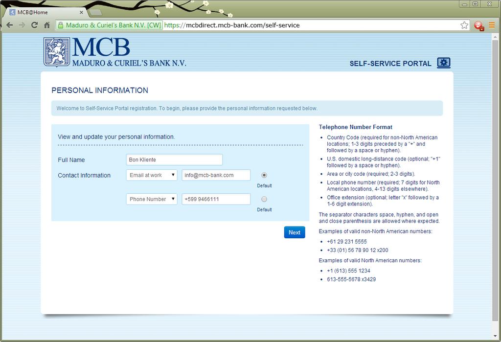 (User ID shown on the special MCBDirect Corporate page) Click Next, a Personal