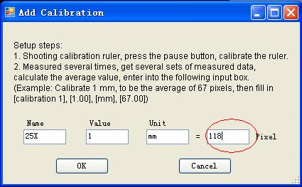 18 Key in the Measure data(pixel),unit, and Click OK Warning: Please do calibration