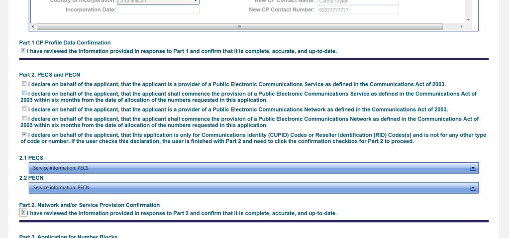 PECS/PECN please tick the fifth box (this refers only to RIDS and CUPID), Part 2 service/confirmation. Section 3.2 will require you to input your brand information.