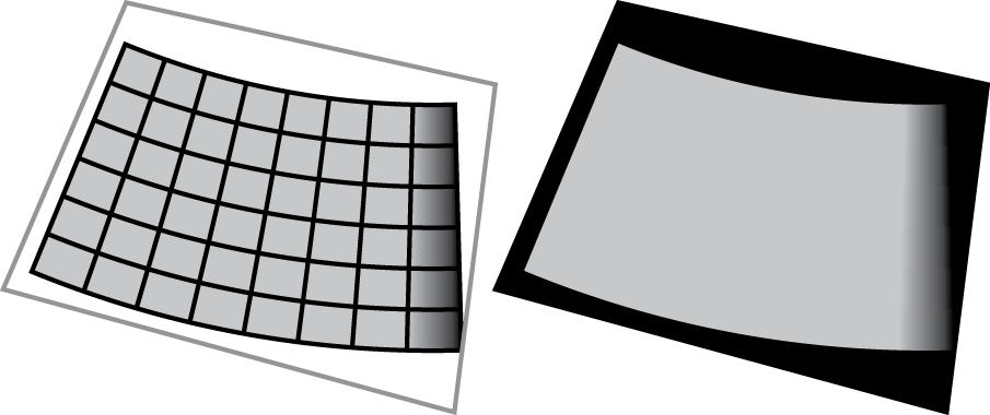 Figure 7: Blended dome mesh (left) and blending image mask (right). The fragment program spherical correction approach allows masking and blending to be generated procedurally.