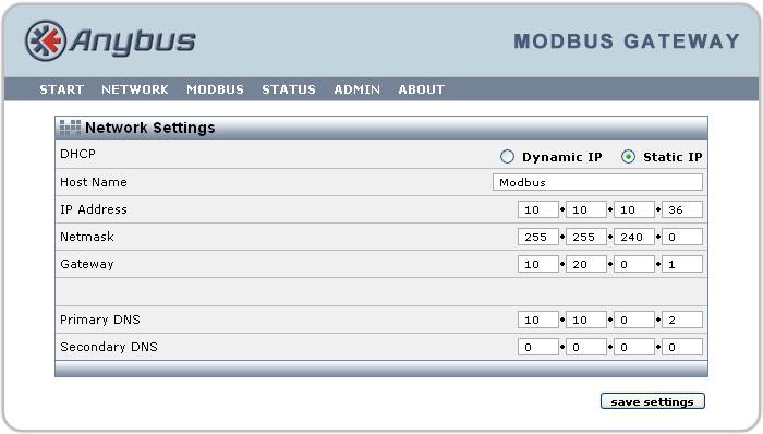Configuration 2-5 Network Settings Choosing Network will give the opportunity to view and change the TCP/IP settings in the module. These settings are the same as the ones defined in Anybus IPConfig.