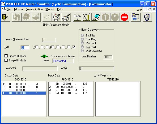 Fig. 8 Using a profibus DP Master simulator with 4 bytes of process data in/out.