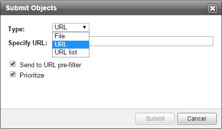 Virtual Analyzer The Submit objects window appears. 3. Select an object type: TYPE DETAILS AND INSTRUCTIONS File Single URL URL list Browse and select the sample.