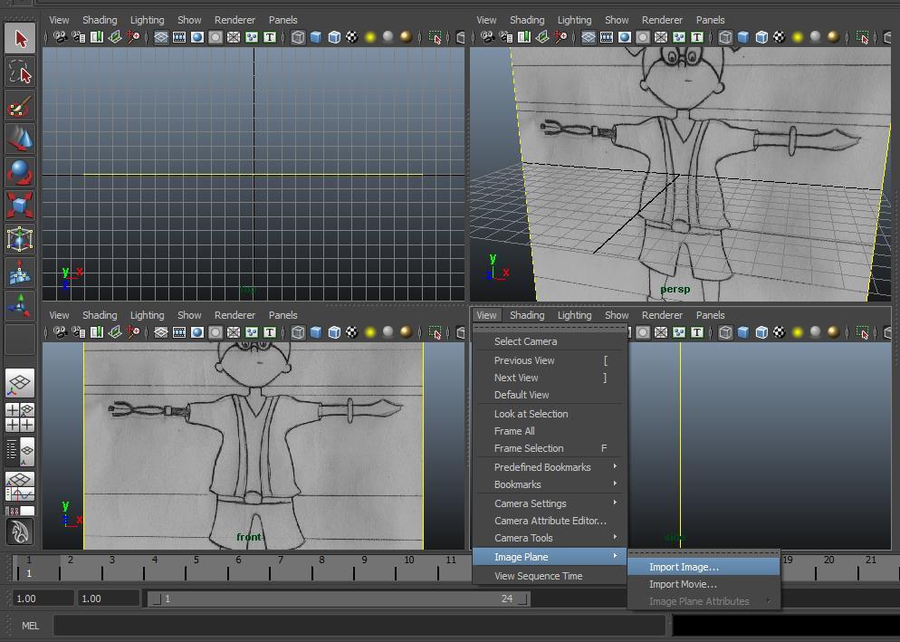 Modeling Using Reference Sketches In Maya, Each camera can have an image plane associated with it. We will project our sketches from the front and side cameras.