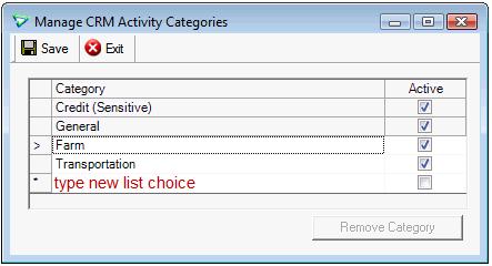 Adding a CRM Activity Category Type a text label in the blank line at the bottom of the list and press