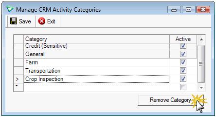 Removing a CRM Activity Category If a category is not in use it can be permanently removed.