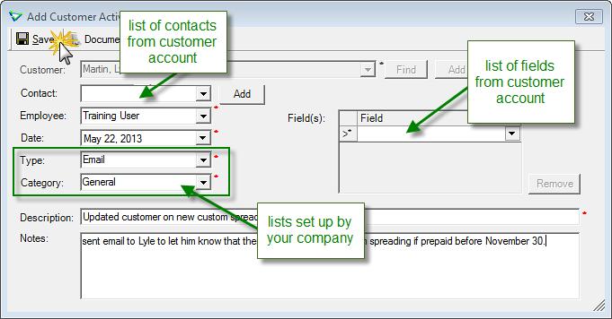 Choose a contact (defaults to main contact), employee (defaults to the logged-in agrē user), date (defaults to today), type and