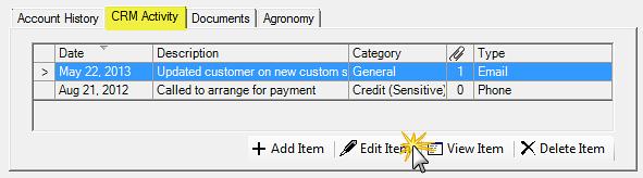 Editing a CRM Activity From the customer account home form, select the activity. Click Edit Item.