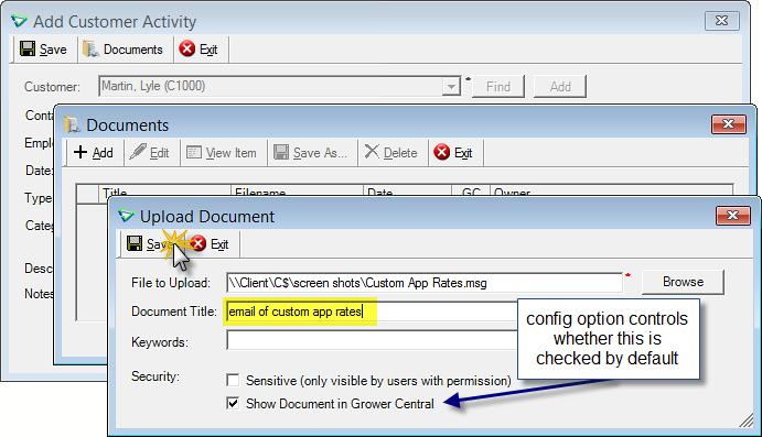 File to Upload defaults to the file you selected. Type a Document Title, and change the Security options if applicable. Save to upload the document to agrē.