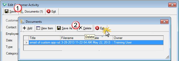 Select the document to remove and click Delete. You can delete more than one document from an activity by clicking Delete again.