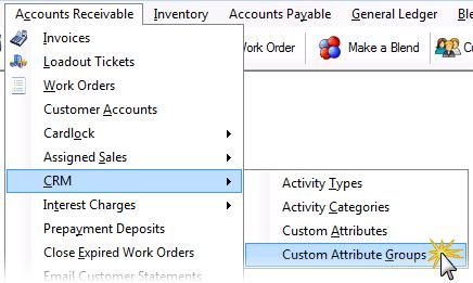 Navigate to Accounts Receivable > CRM > Custom Attribute Groups. Adding an Attribute Group In the list are the three default groups: General, Credit, and Farm.