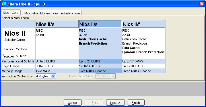 Nios II Core Tab Nios II Core Tab The Nios II Core tab presents the main settings for configuring the Nios II processor core. An example of the Nios II Core tab is shown in Figure 4 1.