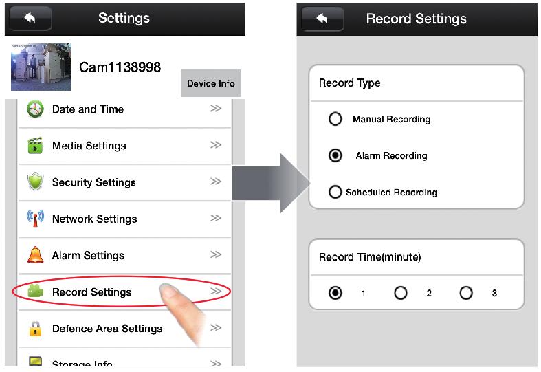 U Device list/device/setting/record settings izaberite Record type i Record Time.
