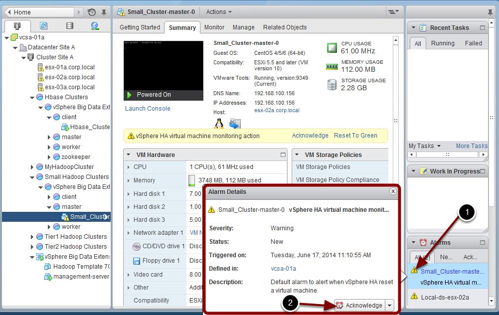 View/Acknowledge vsphere HA reset alarm 1. Click the Alarm icon in the Alarms pane in the lower right-hand corner (as shown above).