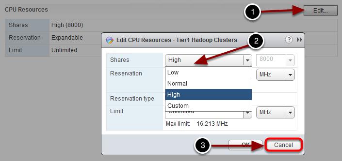 Edit Tier1 Clusters Resource Pool CPU Shares 1. Click on Edit 2.