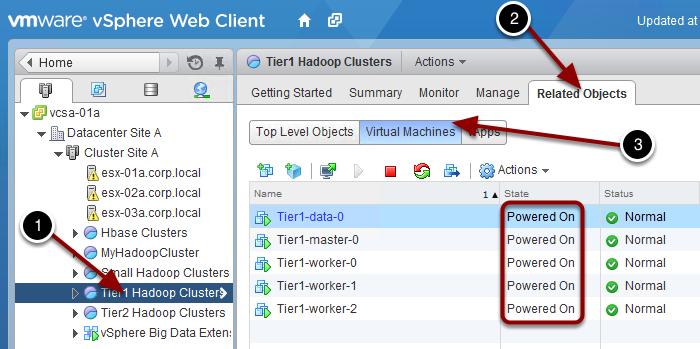 Verify Tier1 Worker Node VMs are Powered on 1. Ensure you've selected the Tier1 Hadoop Cluster 2. Click Related Objects 3.