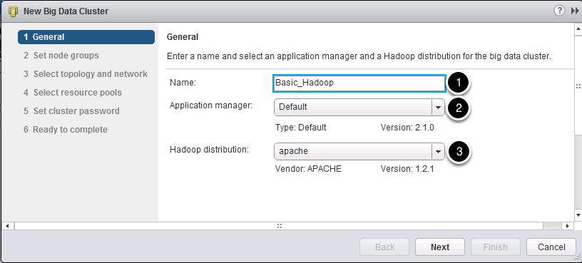 Specify Cluster Details 1. Enter Basic_Hadoop as the name of the new cluster. 2. Select Default as the Application Manager choice. 3.