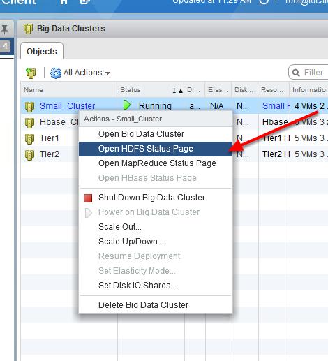 Open HDFS Status Page Back in the vsphere Client, make sure you are on the Big Data Clusters